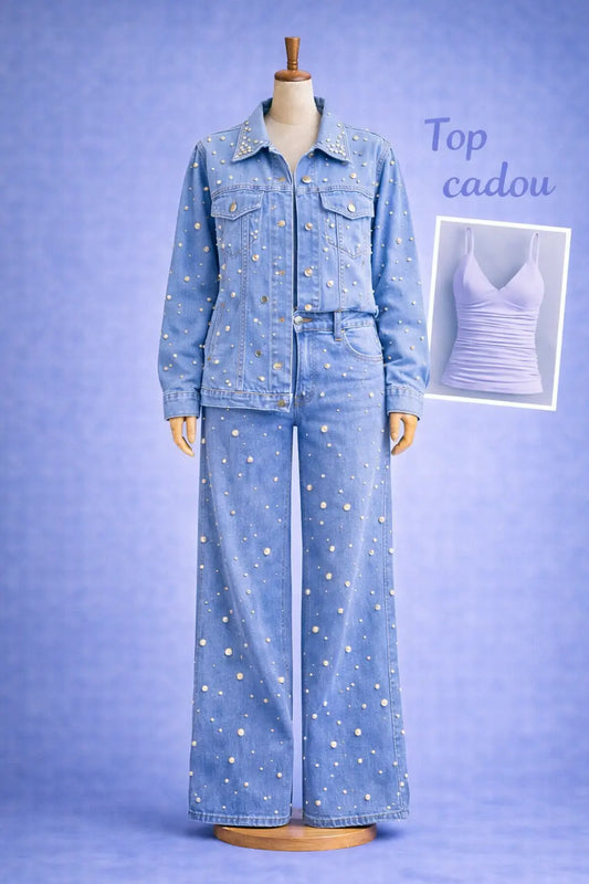 Set denim cu perle
