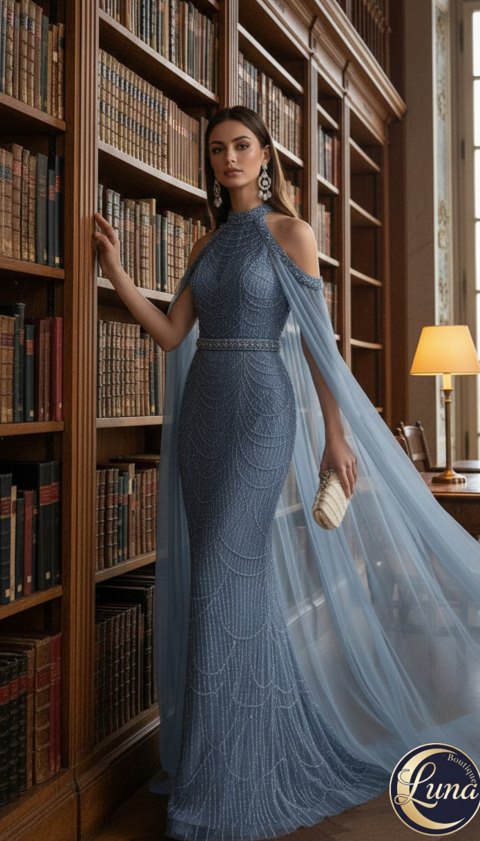 💙Capodopera Couture: Rochia cu Capă și Mărgele