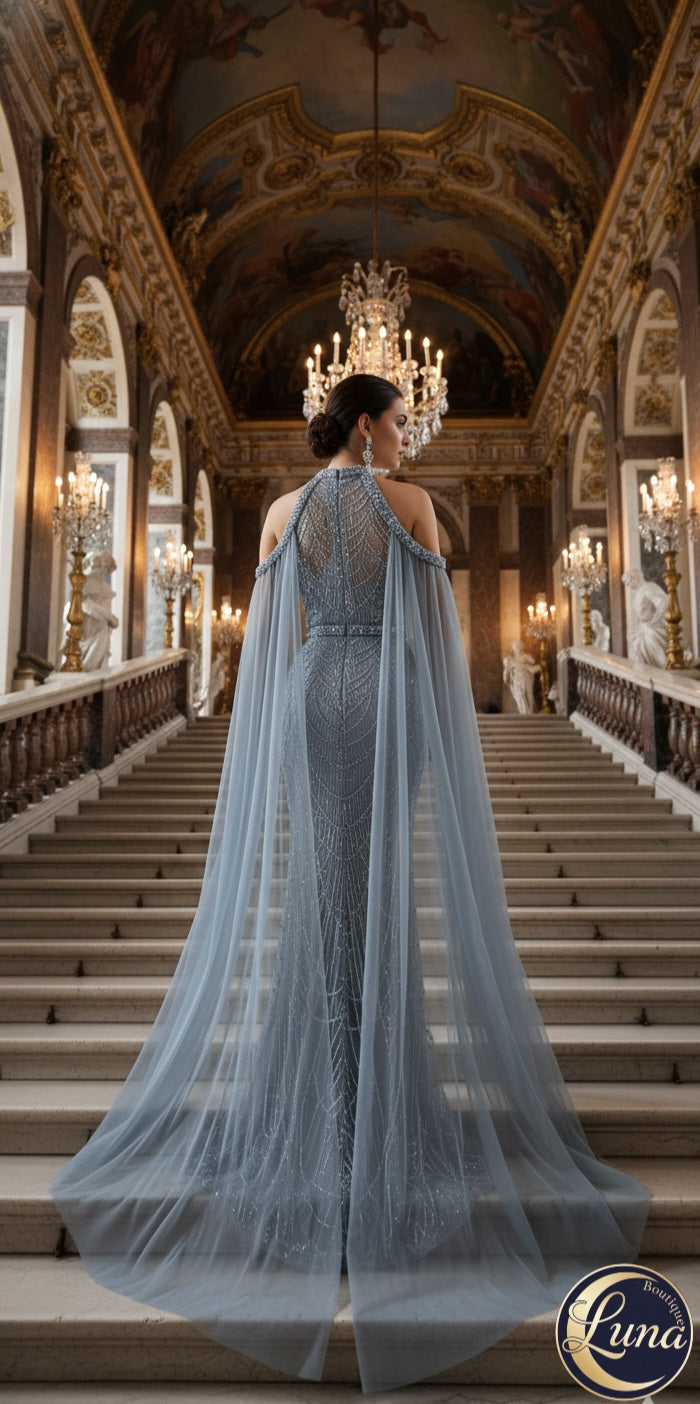 💙Capodopera Couture: Rochia cu Capă și Mărgele