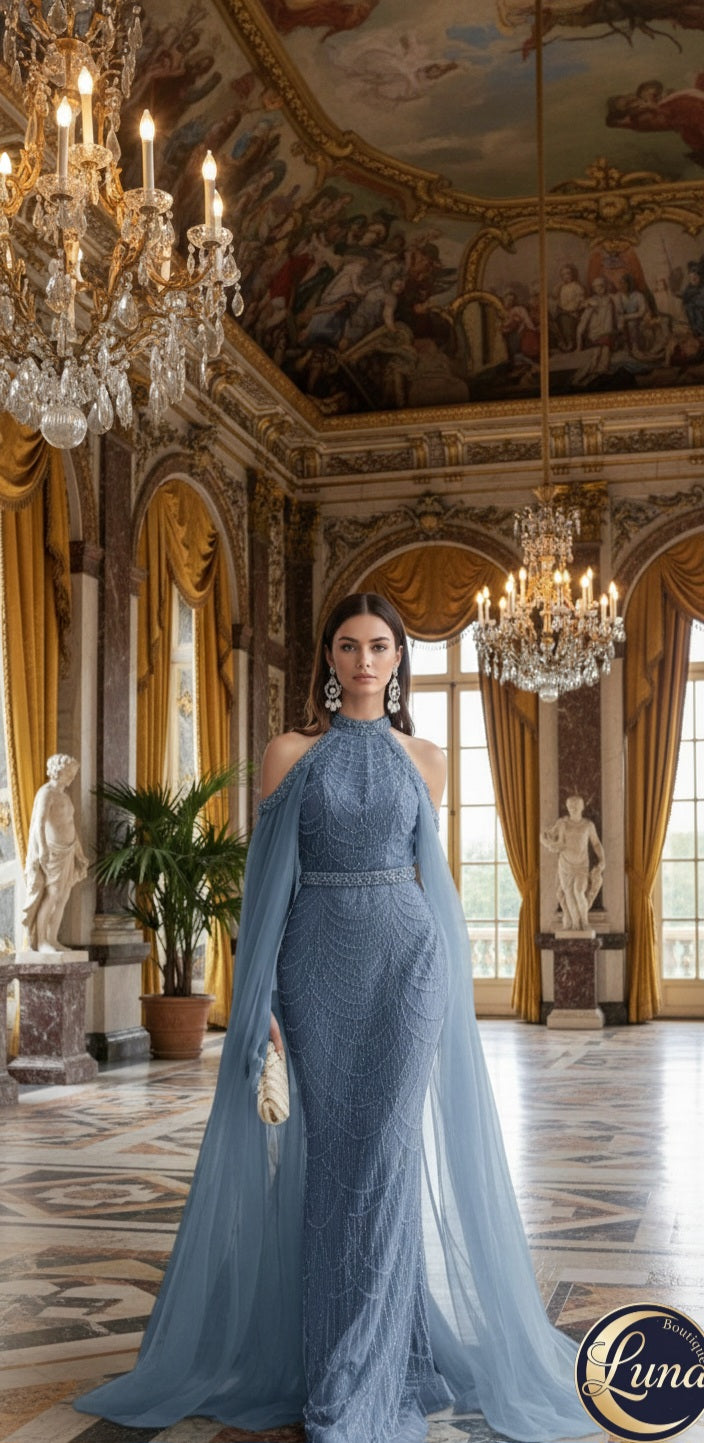 💙Capodopera Couture: Rochia cu Capă și Mărgele